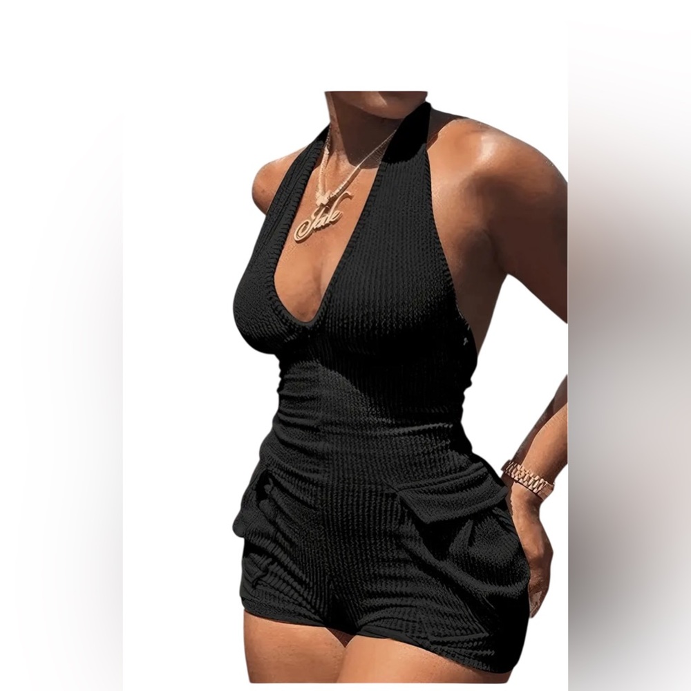 SOLD ON FB. Black Halter Neck Romper
